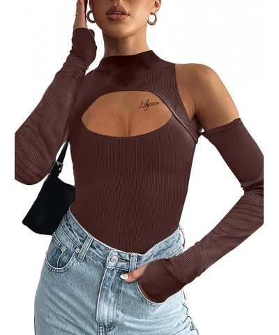 Women's Sexy Cut Out Long Sleeve Top Ribbed Knit Crew Neck T Shirt T Shirt Brown $12.31 T-Shirts