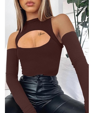 Women's Sexy Cut Out Long Sleeve Top Ribbed Knit Crew Neck T Shirt T Shirt Brown $12.31 T-Shirts