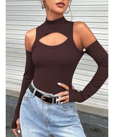 Women's Sexy Cut Out Long Sleeve Top Ribbed Knit Crew Neck T Shirt T Shirt Brown $12.31 T-Shirts