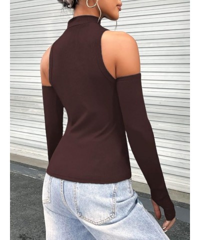 Women's Sexy Cut Out Long Sleeve Top Ribbed Knit Crew Neck T Shirt T Shirt Brown $12.31 T-Shirts