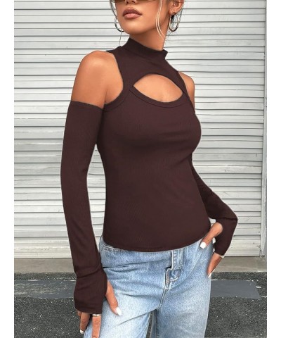 Women's Sexy Cut Out Long Sleeve Top Ribbed Knit Crew Neck T Shirt T Shirt Brown $12.31 T-Shirts