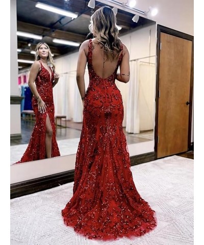 Women's V-Neck Prom Dresses with Slit Lace Appliques Evening Dresses Sequins Formal Party Dress XOD127 Burnt Orange $46.74 Dr...