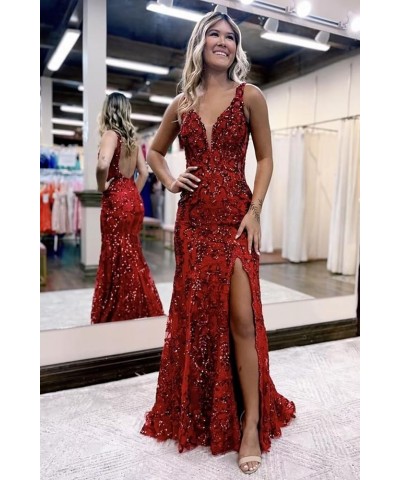 Women's V-Neck Prom Dresses with Slit Lace Appliques Evening Dresses Sequins Formal Party Dress XOD127 Burnt Orange $46.74 Dr...