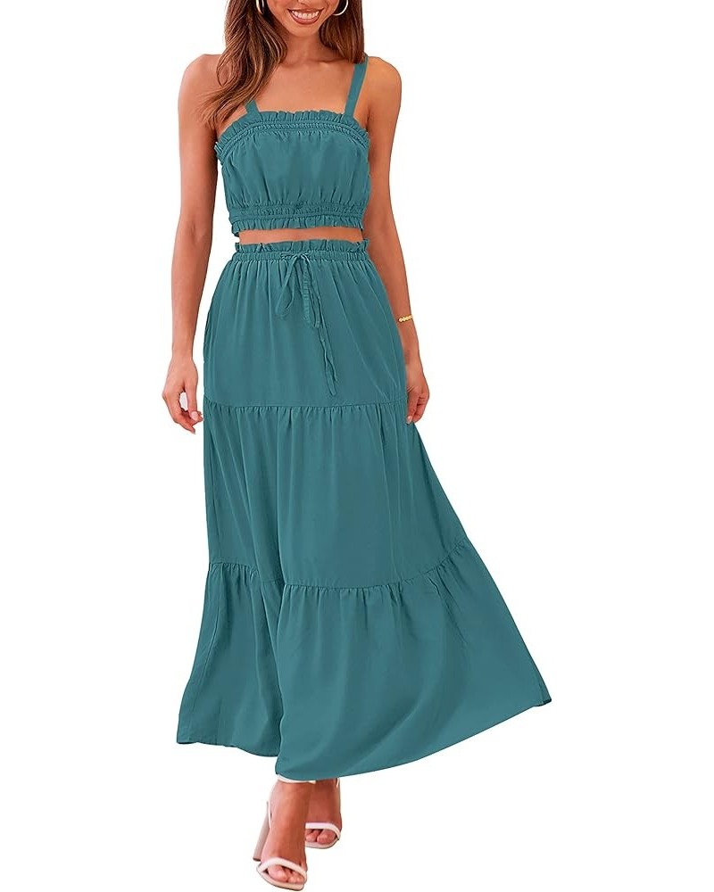 Women 2 Piece Outfits Sleeveless Crop Top High Waist Long Skirt Set With Pockets Darkcyan $25.64 Suits