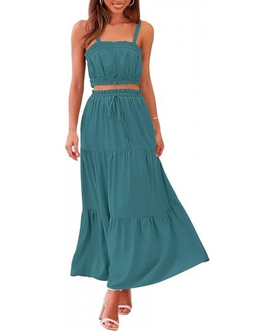 Women 2 Piece Outfits Sleeveless Crop Top High Waist Long Skirt Set With Pockets Darkcyan $25.64 Suits