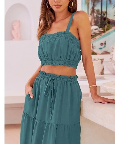 Women 2 Piece Outfits Sleeveless Crop Top High Waist Long Skirt Set With Pockets Darkcyan $25.64 Suits