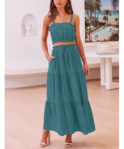 Women 2 Piece Outfits Sleeveless Crop Top High Waist Long Skirt Set With Pockets Darkcyan $25.64 Suits