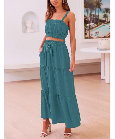 Women 2 Piece Outfits Sleeveless Crop Top High Waist Long Skirt Set With Pockets Darkcyan $25.64 Suits