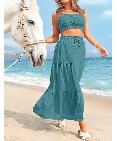 Women 2 Piece Outfits Sleeveless Crop Top High Waist Long Skirt Set With Pockets Darkcyan $25.64 Suits