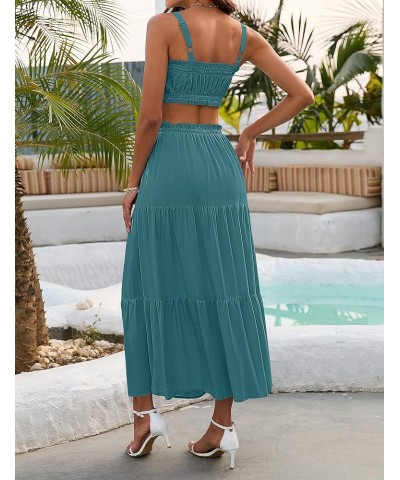 Women 2 Piece Outfits Sleeveless Crop Top High Waist Long Skirt Set With Pockets Darkcyan $25.64 Suits