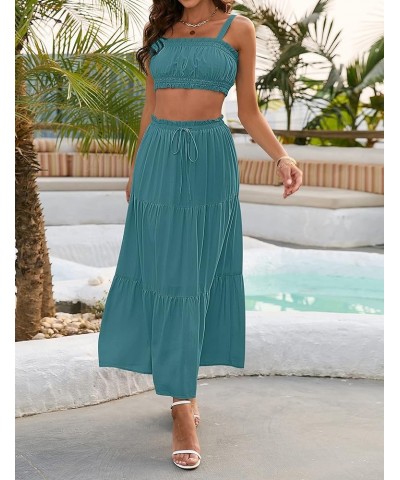 Women 2 Piece Outfits Sleeveless Crop Top High Waist Long Skirt Set With Pockets Darkcyan $25.64 Suits