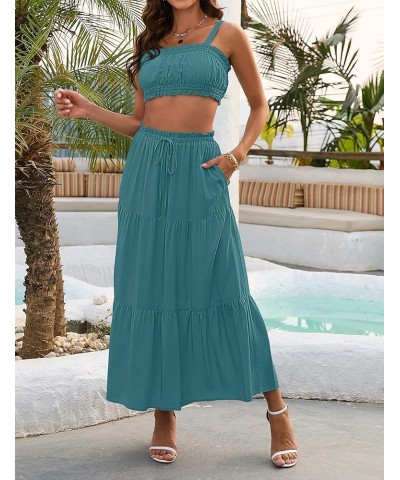 Women 2 Piece Outfits Sleeveless Crop Top High Waist Long Skirt Set With Pockets Darkcyan $25.64 Suits