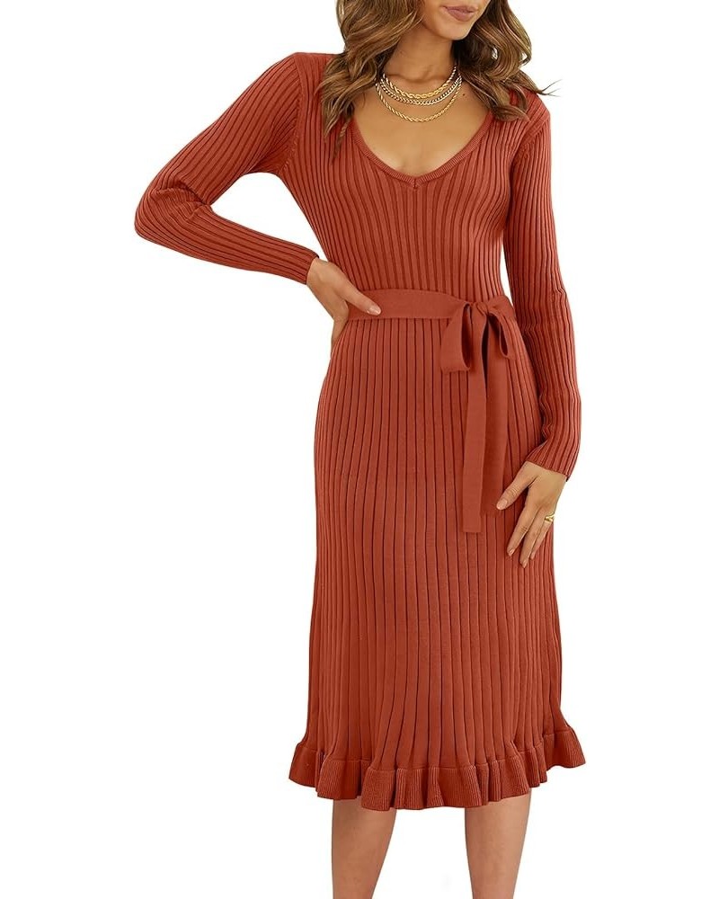 Women's 2023 Sweater Dress Long Sleeve V Neck Pleated Slim Ribbed Knit Midi Dresses with Belt Rust $30.08 Sweaters