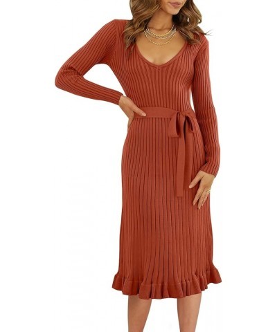 Women's 2023 Sweater Dress Long Sleeve V Neck Pleated Slim Ribbed Knit Midi Dresses with Belt Rust $30.08 Sweaters