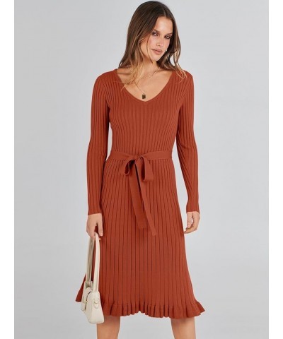 Women's 2023 Sweater Dress Long Sleeve V Neck Pleated Slim Ribbed Knit Midi Dresses with Belt Rust $30.08 Sweaters