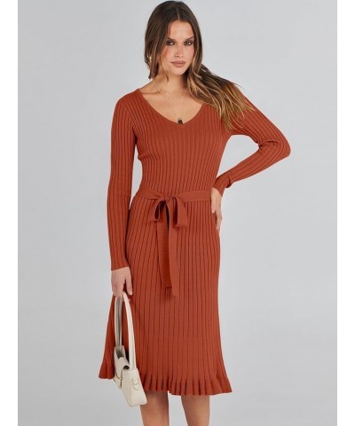 Women's 2023 Sweater Dress Long Sleeve V Neck Pleated Slim Ribbed Knit Midi Dresses with Belt Rust $30.08 Sweaters