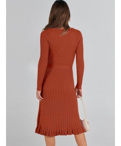 Women's 2023 Sweater Dress Long Sleeve V Neck Pleated Slim Ribbed Knit Midi Dresses with Belt Rust $30.08 Sweaters