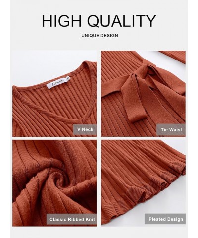 Women's 2023 Sweater Dress Long Sleeve V Neck Pleated Slim Ribbed Knit Midi Dresses with Belt Rust $30.08 Sweaters