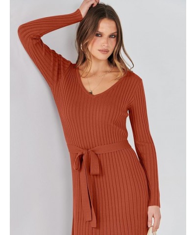 Women's 2023 Sweater Dress Long Sleeve V Neck Pleated Slim Ribbed Knit Midi Dresses with Belt Rust $30.08 Sweaters