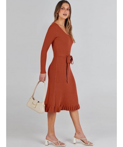 Women's 2023 Sweater Dress Long Sleeve V Neck Pleated Slim Ribbed Knit Midi Dresses with Belt Rust $30.08 Sweaters