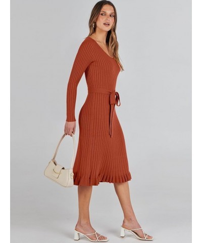 Women's 2023 Sweater Dress Long Sleeve V Neck Pleated Slim Ribbed Knit Midi Dresses with Belt Rust $30.08 Sweaters