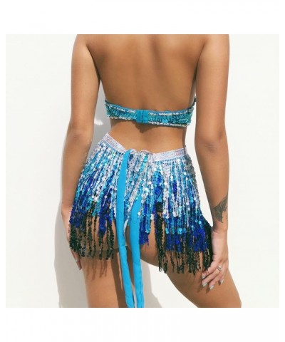 Women Boho Beach Sequin Tassel Mini Skirts Music Festival Party Club Hip Scarf Belt Wrap Skirt Multi-blue $11.52 Skirts