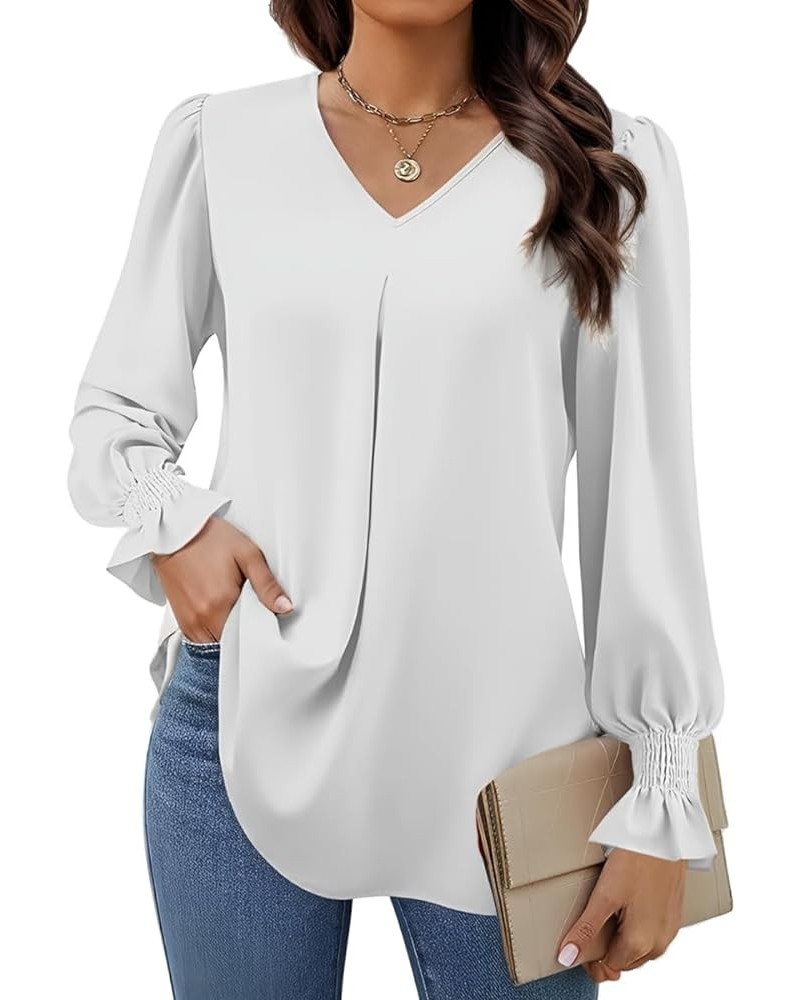 Long Sleeve Blouses for Women Dressy V Neck Smocked Cuffs Fall Tshirts Solid Color Sexy Tops to Wear with Leggings Dd06-white...