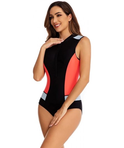 Women's One Piece Sleeveless Swimsuit Athletic Printed Zipper Surfing Monokini Swimwear Bathing Suit Black&red&white $21.44 S...