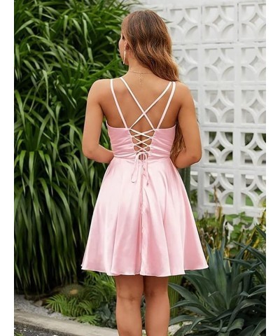 Short Satin Homecoming Dresses for Teens Spaghetti Straps V Neck Mini Graduation Cocktail Party Gowns Dusty Blue $33.05 Dresses