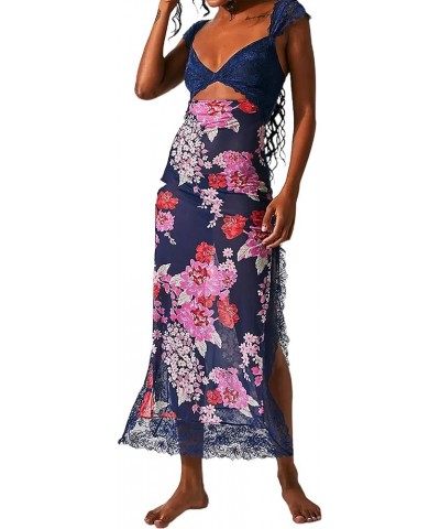 Women Y2K Floral Long Dress Spaghetti Strap Low Cut Maxi Dress Lace Trim Backless Bodycon Cami Dress Clubwear K-blue One Cut ...