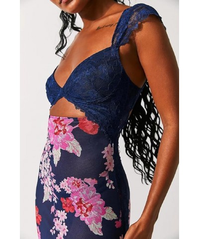 Women Y2K Floral Long Dress Spaghetti Strap Low Cut Maxi Dress Lace Trim Backless Bodycon Cami Dress Clubwear K-blue One Cut ...