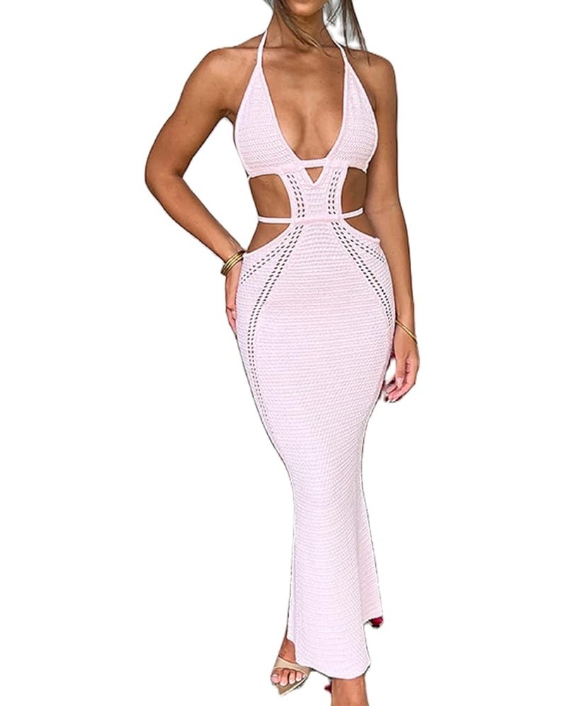 Women Knitted Halter Neck Maxi Dress Sleeveless Tie Backless Hollow Out Dress Bodycon Cutout Summer Beach Dress C Pink $16.11...