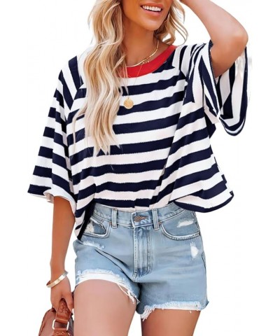 Tops for Women Striped 2024 Fashion T Shirts for Women Color Blocking Design Loose Basic Tee Blue Stripe $12.97 Tops