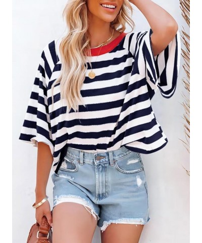 Tops for Women Striped 2024 Fashion T Shirts for Women Color Blocking Design Loose Basic Tee Blue Stripe $12.97 Tops