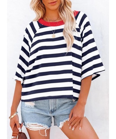 Tops for Women Striped 2024 Fashion T Shirts for Women Color Blocking Design Loose Basic Tee Blue Stripe $12.97 Tops