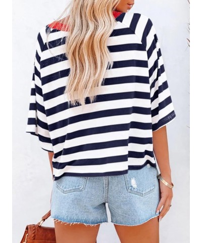 Tops for Women Striped 2024 Fashion T Shirts for Women Color Blocking Design Loose Basic Tee Blue Stripe $12.97 Tops