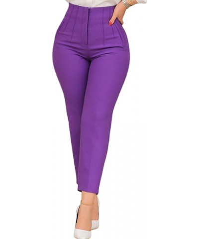 Women's High Waisted Pleated Pants Office Work Ankle Pants Solid Skinny Business Slacks Tapered Trousers Purple $12.99 Pants