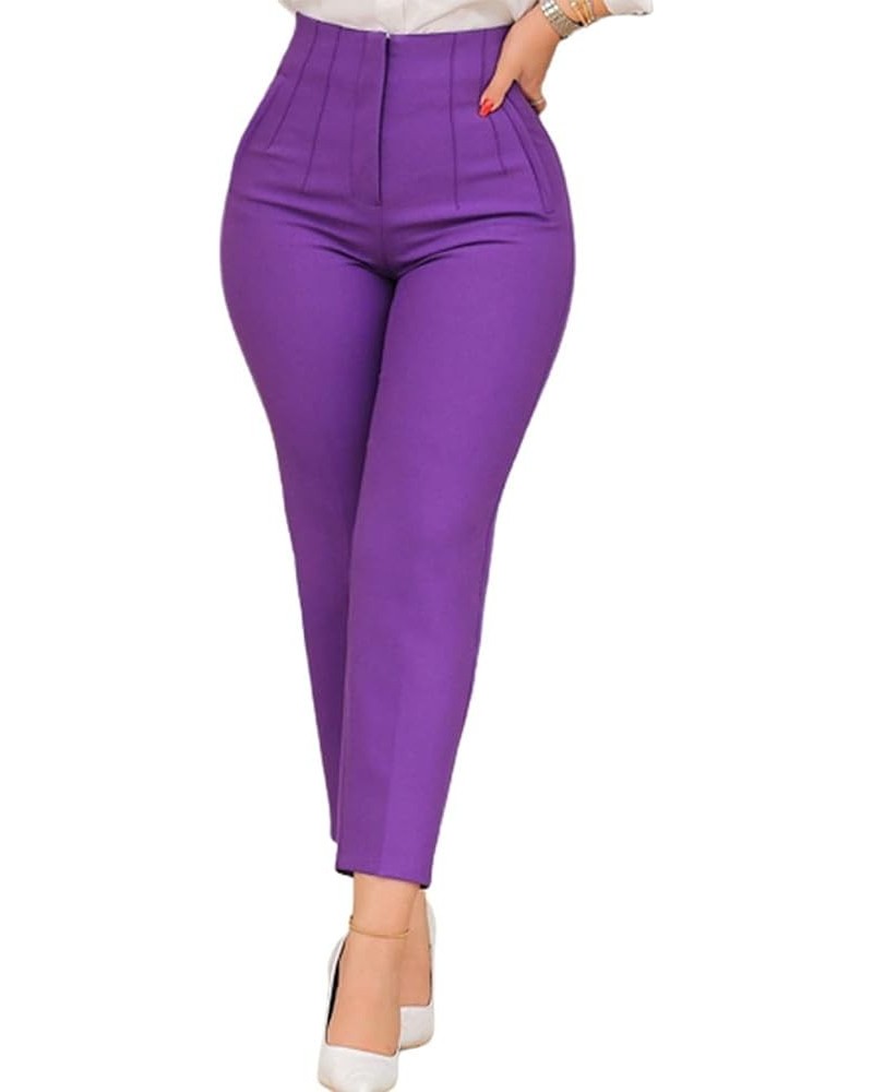 Women's High Waisted Pleated Pants Office Work Ankle Pants Solid Skinny Business Slacks Tapered Trousers Purple $12.99 Pants