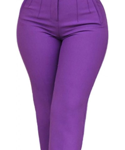 Women's High Waisted Pleated Pants Office Work Ankle Pants Solid Skinny Business Slacks Tapered Trousers Purple $12.99 Pants