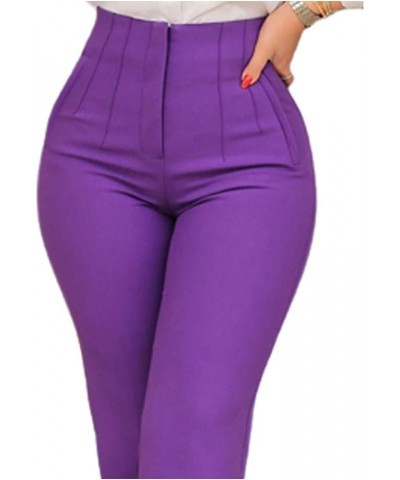 Women's High Waisted Pleated Pants Office Work Ankle Pants Solid Skinny Business Slacks Tapered Trousers Purple $12.99 Pants