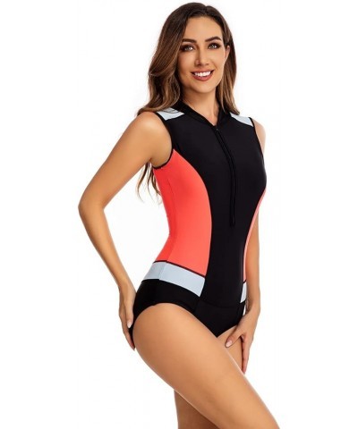 Women's One Piece Sleeveless Swimsuit Athletic Printed Zipper Surfing Monokini Swimwear Bathing Suit Black&red&white $21.44 S...