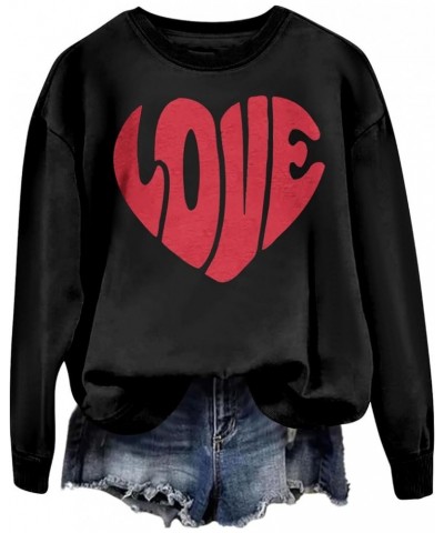 Women Valentine's Day Sweatshirts Round Neck Blouses Printed Pullover Tops Casual Love Heart Graphic Long Sleeve Shirts 4-bla...