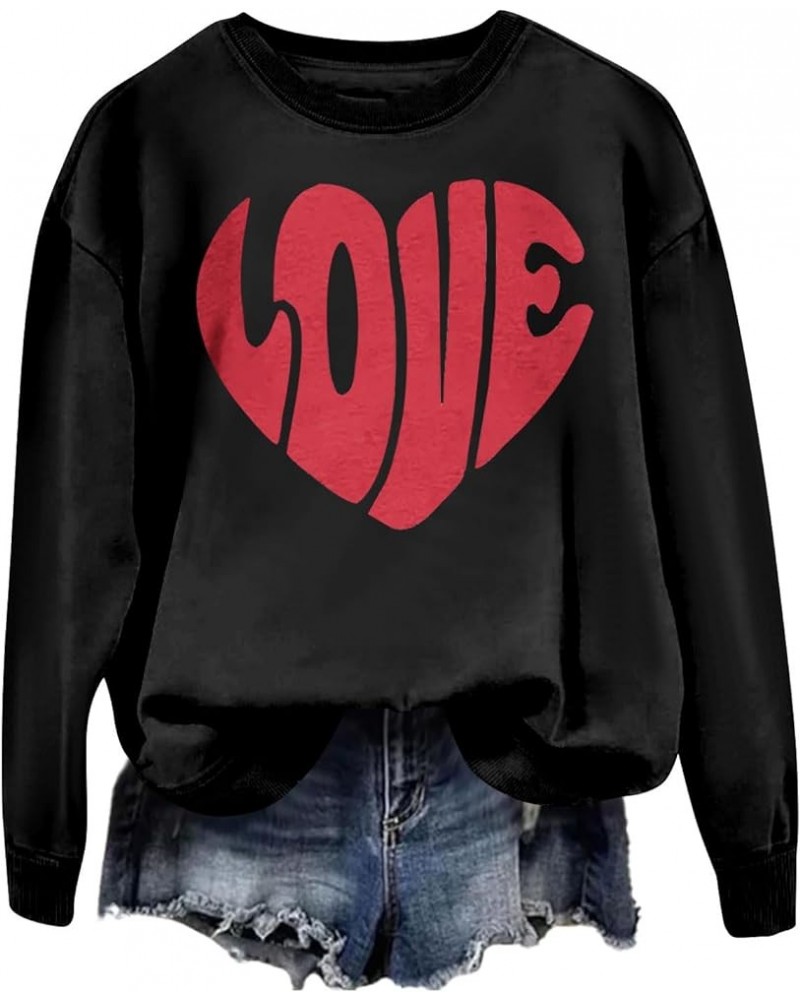 Women Valentine's Day Sweatshirts Round Neck Blouses Printed Pullover Tops Casual Love Heart Graphic Long Sleeve Shirts 4-bla...