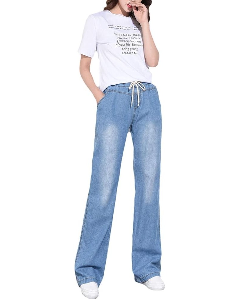 Women's Washed Elastic Waist Wide Leg Pants Denim Jeans Culottes Light Blue $23.99 Jeans