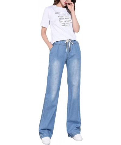 Women's Washed Elastic Waist Wide Leg Pants Denim Jeans Culottes Light Blue $23.99 Jeans