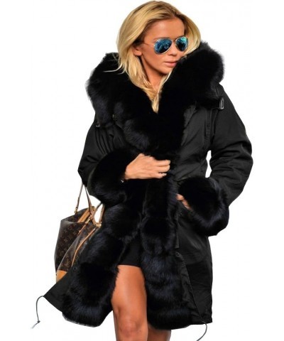 Plus Size Women's Long Hooded Parka Coat Warm Denim Winter Overcoat Faux Fur Collar Qulited Jacket Black_black Fur $45.62 Coats