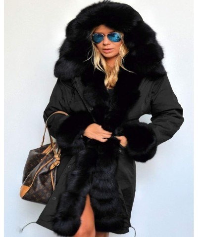 Plus Size Women's Long Hooded Parka Coat Warm Denim Winter Overcoat Faux Fur Collar Qulited Jacket Black_black Fur $45.62 Coats