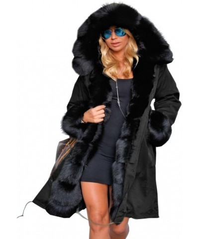 Plus Size Women's Long Hooded Parka Coat Warm Denim Winter Overcoat Faux Fur Collar Qulited Jacket Black_black Fur $45.62 Coats