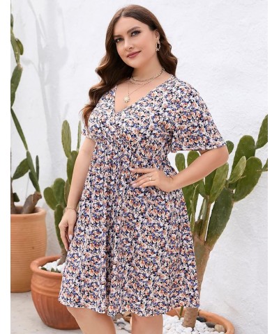 Plus Size Dress Women's V Neck A-Line Knee Length Wrap Swing Dresses Plus Size A Line Party Mini Dress Purple Multi-f $15.64 ...