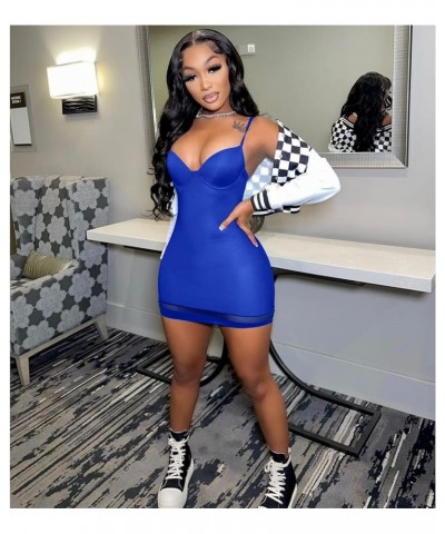 Sexy Spaghetti Strap Bodycon Mini Dress for Women Sweetheart Neck Mesh Hem Club Party Night Short Dresses B Blue $17.81 Dresses